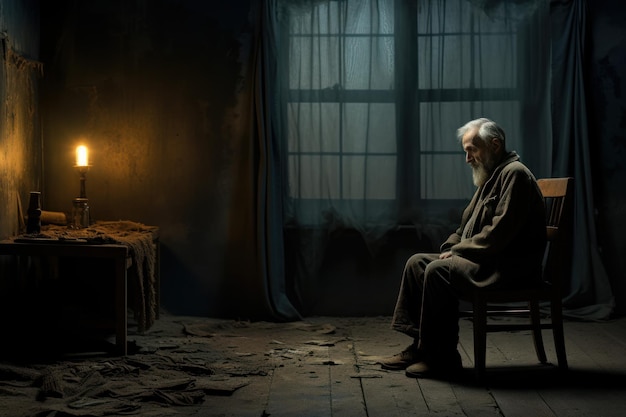 Innocent old man sitting alone in front of the door Home room