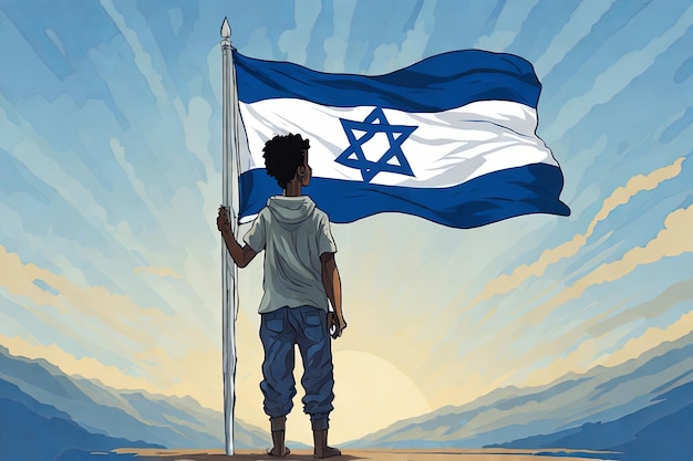 Photo innocent patriot israeli flag behind child