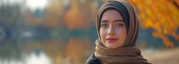 무고한 젊은 무슬림 여성이 헤드 스카프를 입고 풍경과 지구상의 천국 자연 자원을 감상하고 있습니다.