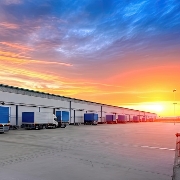 Innovatief modern logistiek magazijn centrum complex gebouw buitenkant erkerpoort oplegger lossen goederendistributie warme blauwe zonsondergang hemel achtergrond Cargo opslag faciliteit industrie gebouw