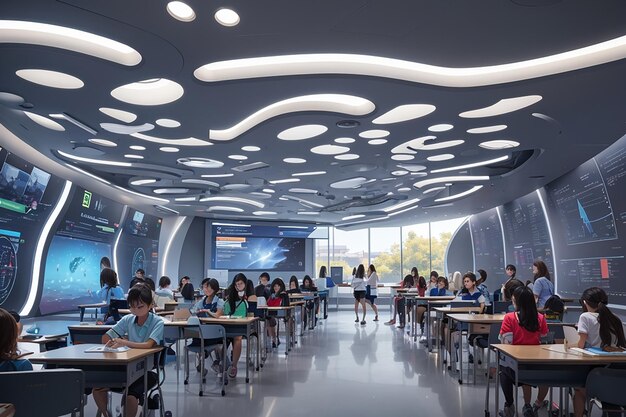 Foto innovaties in datagedreven onderwijs geven vorm aan het succes van studenten in futuristische klaslokalen