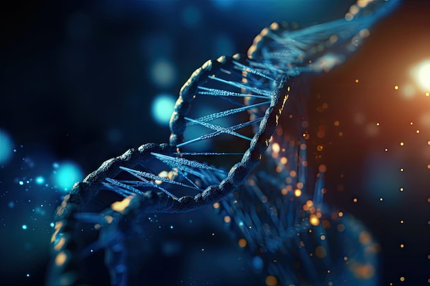Innovatieve blauwe DNA-illustratie met bokehlichten voor generatieve AI in de genetische geneeskunde