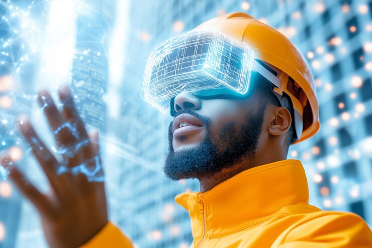 Innovatieve bouwvakker met behulp van virtual reality-technologie op een bouwplaats