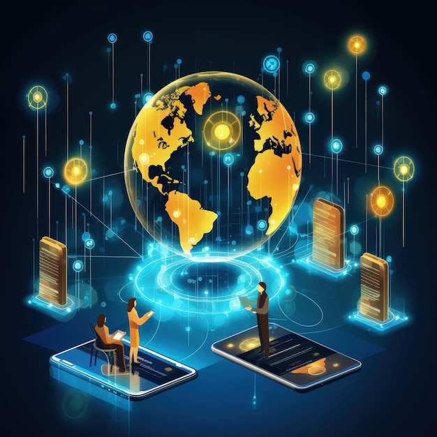 Innovatieve communicatietechnologie Concept van een wereldwijd verbonden wereld Cloud computing-netwerk dat verbinding maakt via telecommunicatie Sociaal netwerk Online gemeenschap Generatieve AI