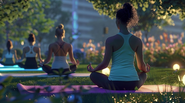 "Innovatieve outdoor yoga groep die yoga beoefent in de natuur"