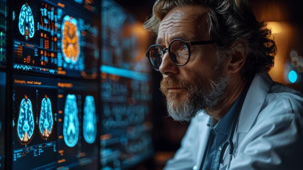 Innovating science and medicine concept doctor surgeon analyzing patient brain testing results and human anatomy on digital futuristic virtual interface holographic digital technology