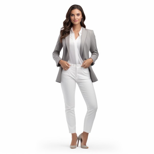 Photo innovating techniques a woman39s white topcoat with gray pants