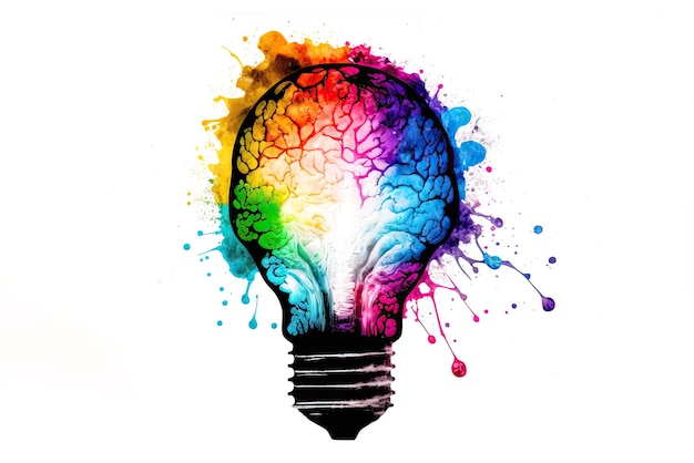 Innovation bright idea and creative thinking concept with explosion of a coluorful traditional electric bulb and human brain AI generative