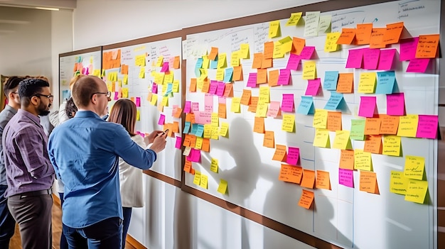 Innovation and Creativity Group brainstorming in front of a giant whiteboard filled with colorful sticky notes and sketches Generative ai