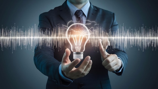 Innovation and energy of creative thinking businessman holding light light bulb glowing and lighti