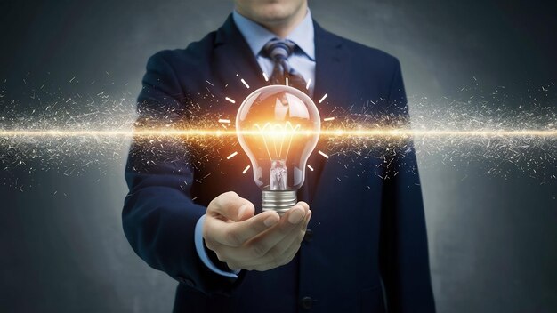 Innovation and energy of creative thinking businessman holding light light bulb glowing and lighti