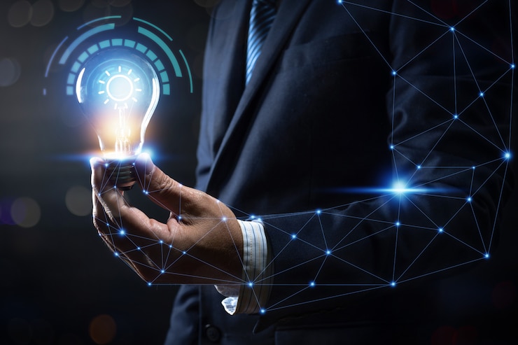 Photo innovation and energy of creative thinking, businessman holding light light bulb glowing and lighting with connection to human body and power life