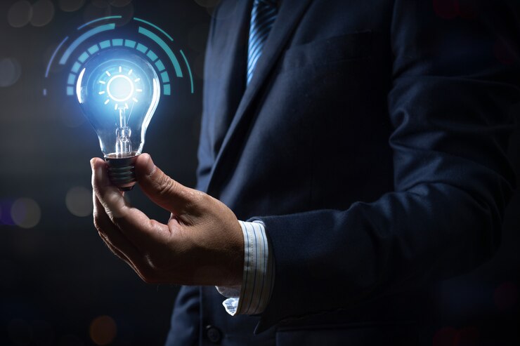 Photo innovation and energy of creative thinking, businessman holding light light bulb glowing and lighting with connection