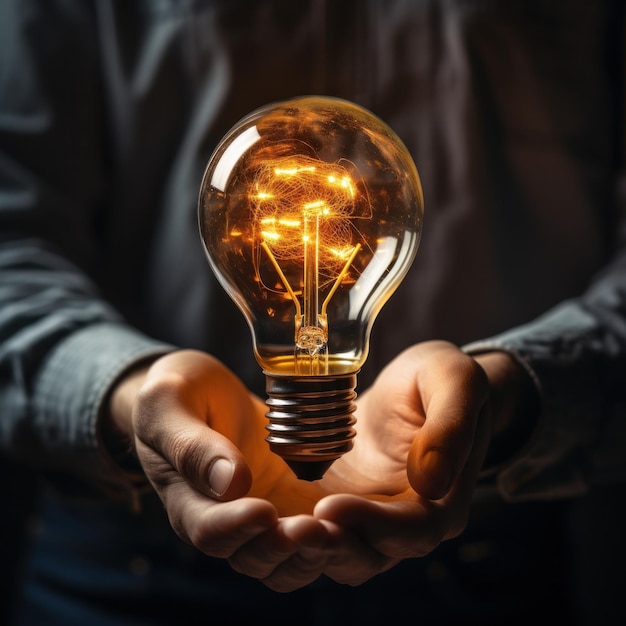 Innovation Hands holding glowing lightbulb against dark background