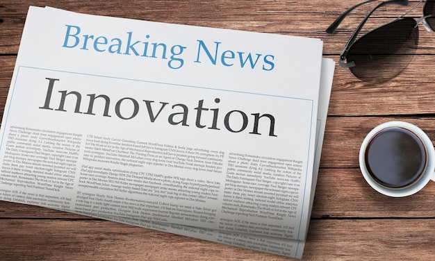 Innovation headlined newspaper on the table News Paper's Name is Braking News