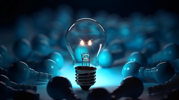 イノベーションとリーダーシップのコンセプト オフの電球の中で白熱電球が点灯