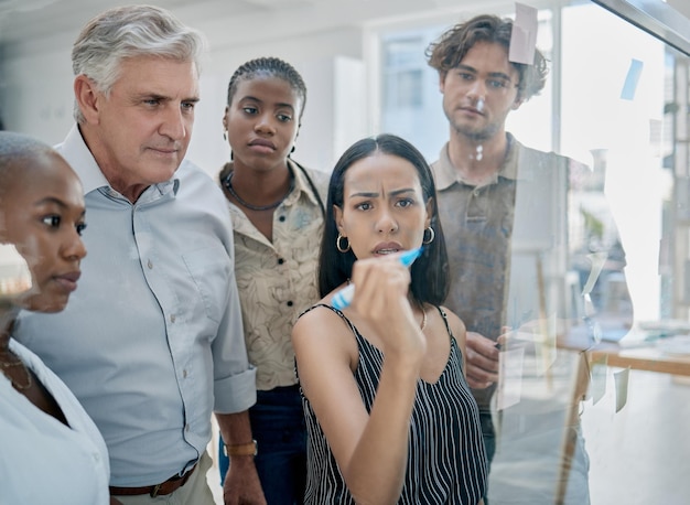 Photo innovation meeting or woman writing on a sticky note planning a startup project on glass board in office building focus leadership or creative business people working on strategy ideas or solution