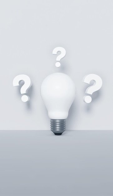 Концепция инноваций и новых идей Вопросительные знаки и лампочка на белом фоне