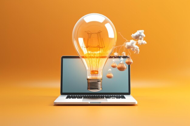 Photo innovation soars an idea light bulb rockets towards infinite possibilities from a laptop computer