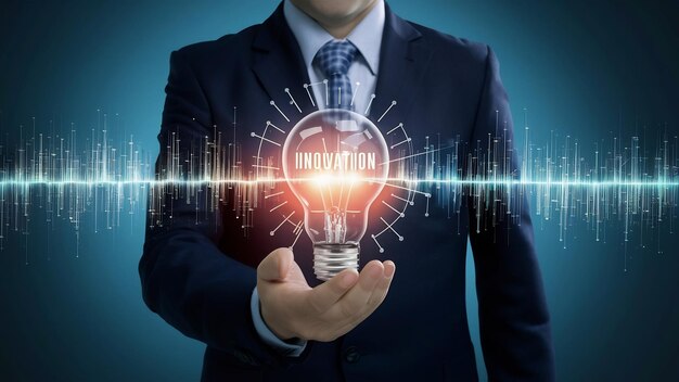 Innovation and technology concept businessman holding holding lighting bulb creative with connecti