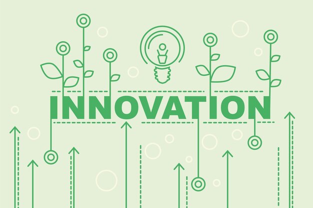 Innovation technology concept with word illustration light bulb and flowers on light green backdrop