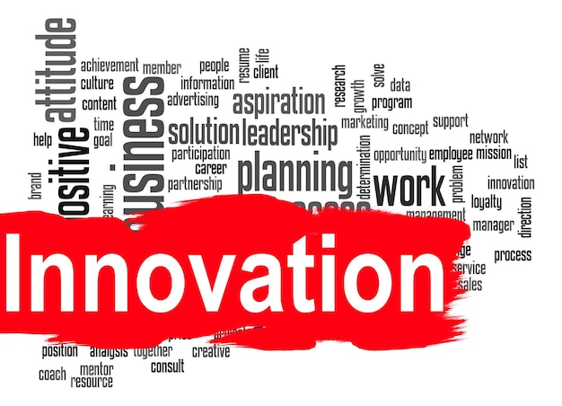 Foto nuvola di parole di innovazione con banner rosso