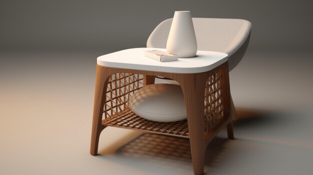 Photo innovative 3d model of woven perforated end table chair and mug