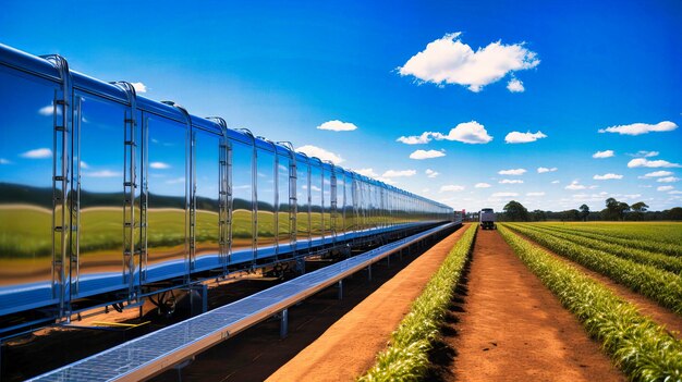 Innovative agricultural technology with solar panels alongside a crop field under a clear blue sky