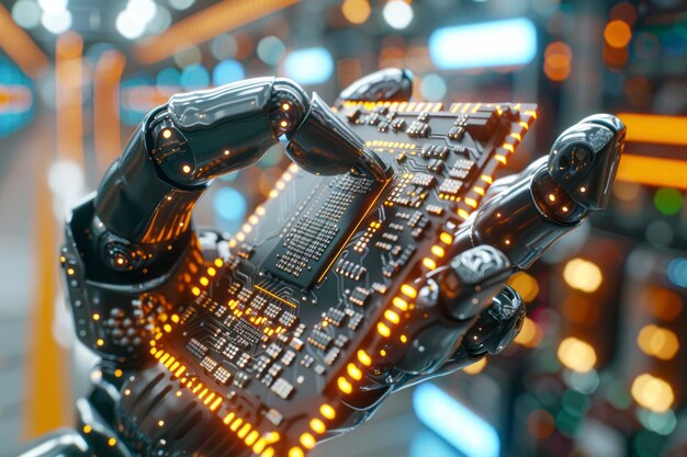 innovative animation advanced robot arm with modern computer processor in focus digitalizing cpu microchip sends data via computer vision power lines