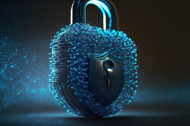 Innovative blue padlock grid hologram with lighting effect on bokeh background notion for secure web protection