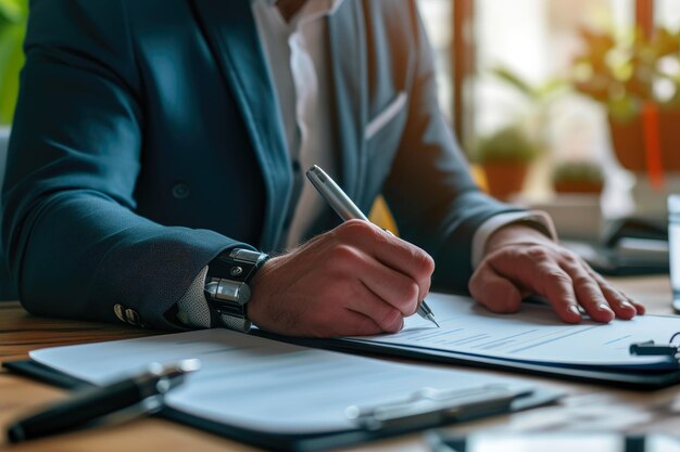 Innovative Businessman Clipboard Notes with Modern Prosthetic Hand