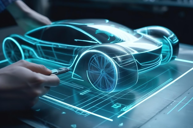 Innovative car car design with digital tablet app aerodynamic tests generative ai