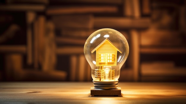 Innovative Construction light bulb positioned beside a meticulously crafted wooden house on a table