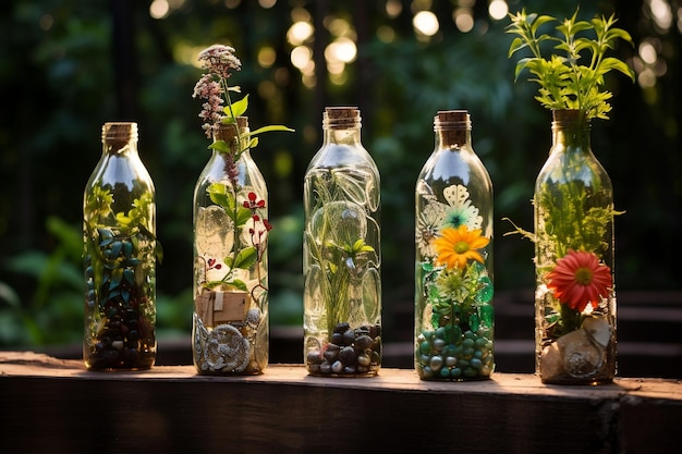 Photo innovative diy garden venture upcycled creations from old bottles and cans ai