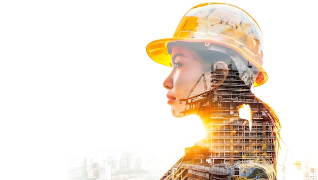 innovative double exposure of a construction worker with modern cityscape