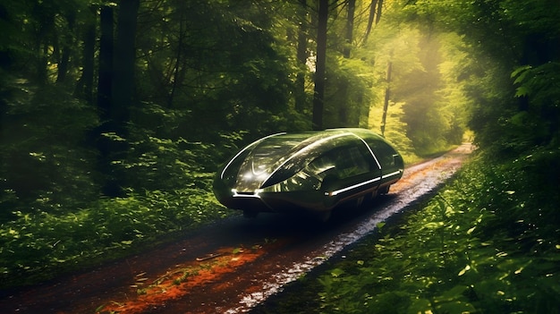 An innovative electric vehicle zooming through a lush green forest trail leaving a trail of swirling leaves in its wake