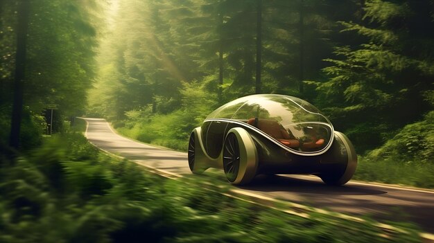 Photo an innovative electric vehicle zooming through a lush green forest trail leaving a trail of swirling leaves in its wake