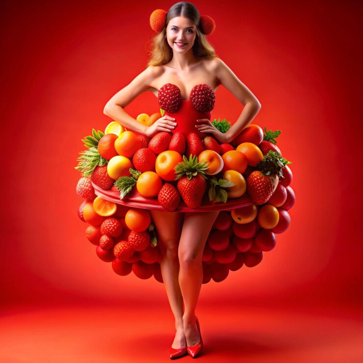 Photo innovative fashion designs incorporating fresh fruits in dresses and hairstyles