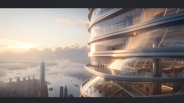 An innovative glass skyscraper with a unique curved design that offers stunning views of the city and river below