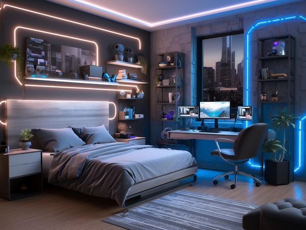 Инновационный высокотехнологичный интерьер спальни с сбалансированным дизайном ИИ