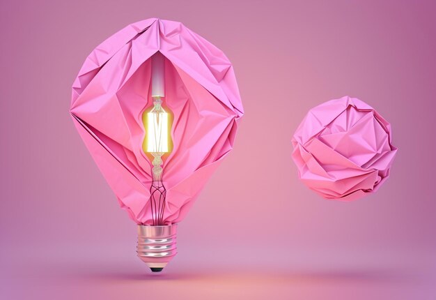 Innovative Ideas 3D Rendering of a Floating Crumpled Paper Light Bulb on Pink Background