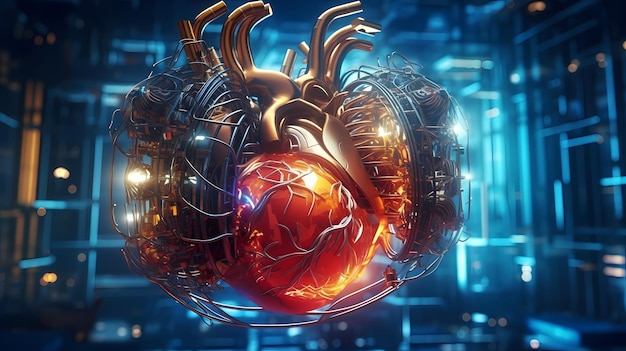 Innovative image of a human synthetic implant heart constructed from a mix of medical equipment tools and anatomy technology Generative Ai