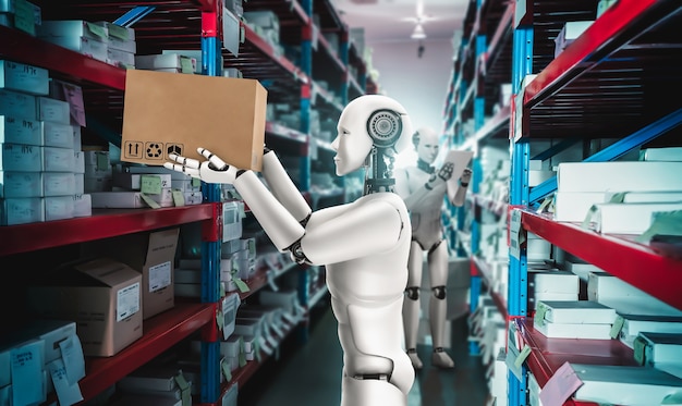 Innovative industry robot working in warehouse for human labor replacement