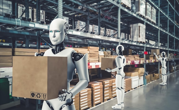 Innovative industry robot working in warehouse for human labor replacement