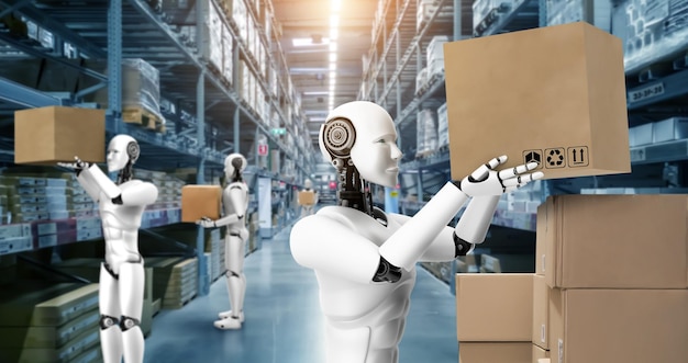 Innovative industry robot working in warehouse for human labor replacement