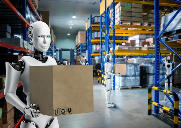 Innovative industry robot working in warehouse for human labor replacement