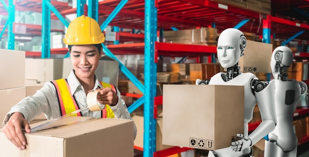 Innovative industry robot working in warehouse together with human worker