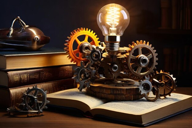 Foto potere della conoscenza innovativa i libri cogs e una lampadina simboleggiano l'impatto dell'istruzione