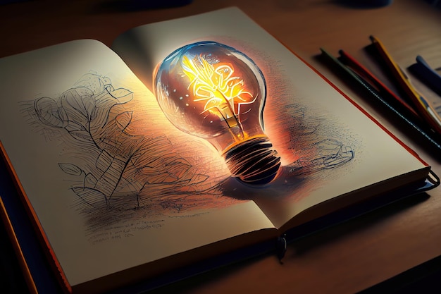 Фото Инновационная лампочка на книге с каракулями ко всемирному дню интеллектуальной собственности generative ai