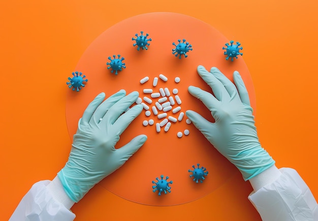Photo innovative medical research closeup of hands in sterile gloves interacting with floating 3d viruses and pills